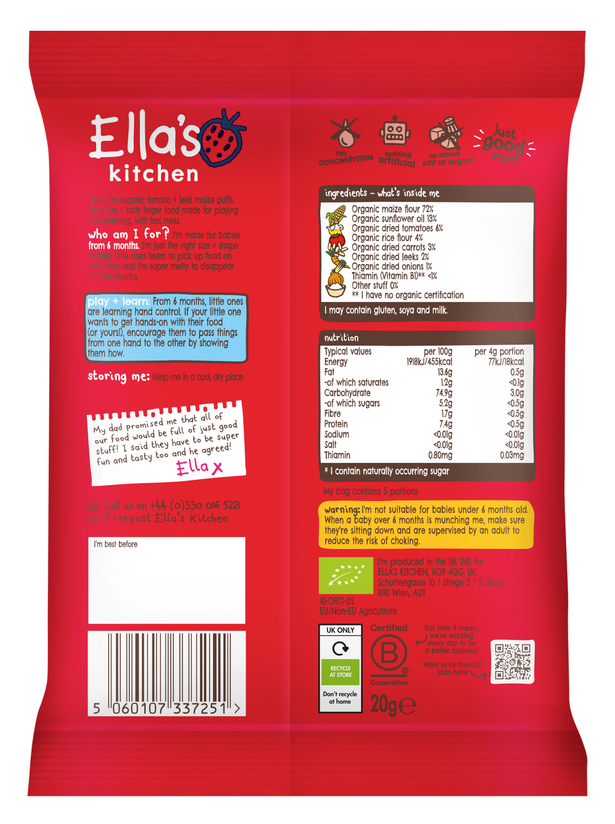 Ella's Kitchen Organic Tomatoes + Leeks Melty Puffs