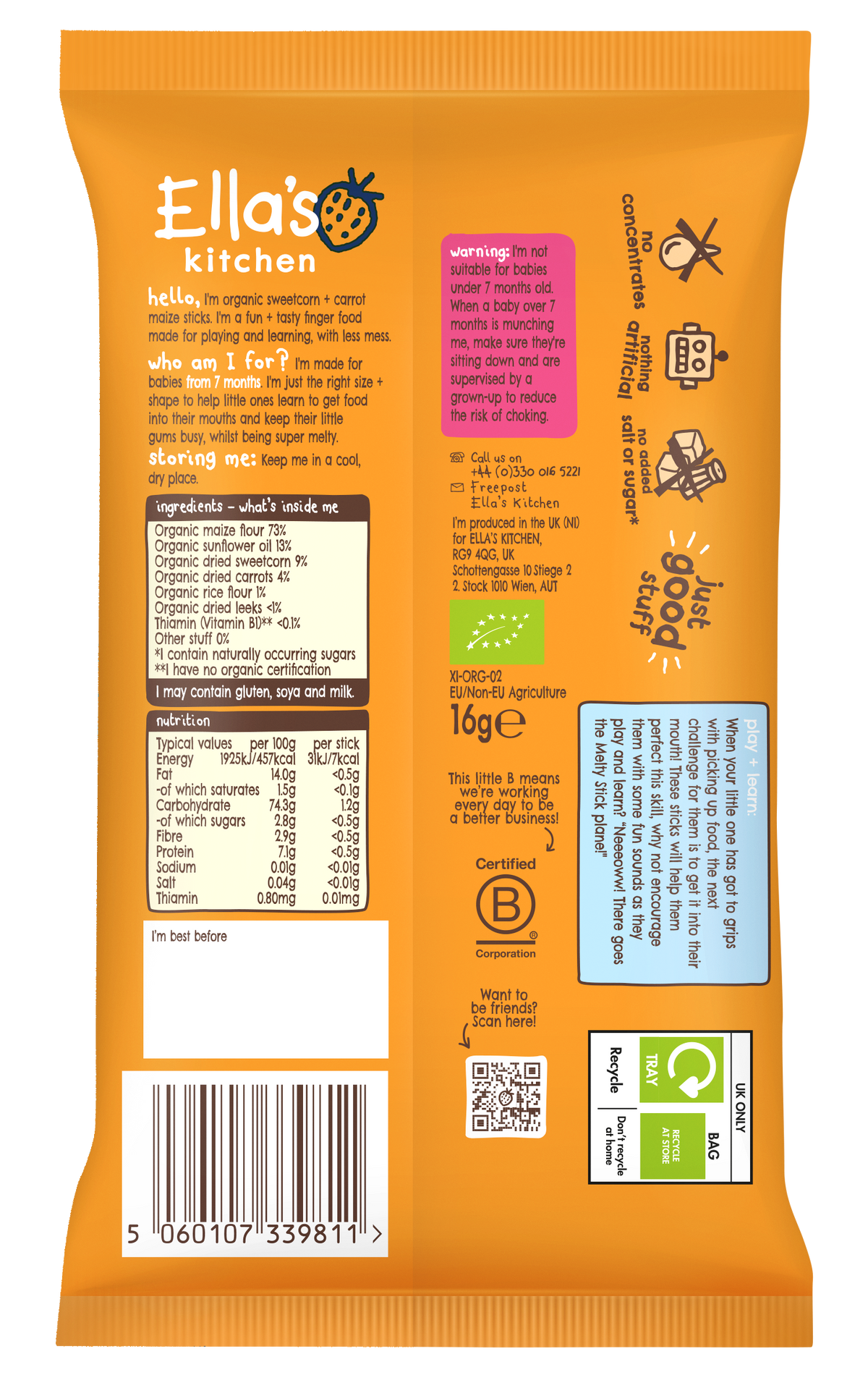 Ella's Kitchen Organic Sweetcorn + Carrot Melty Sticks