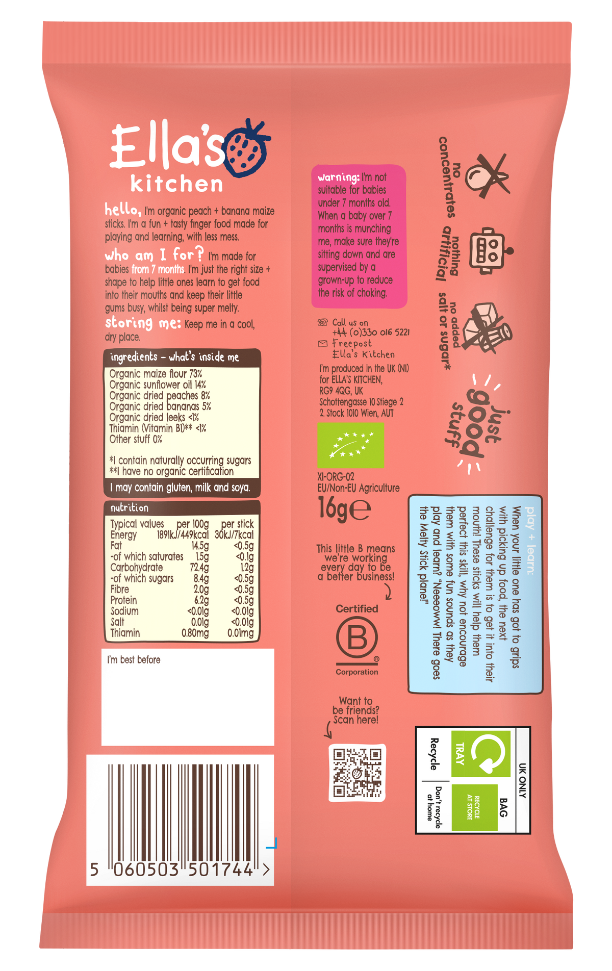 Ella's Kitchen Organic Peach + Banana Melty Sticks