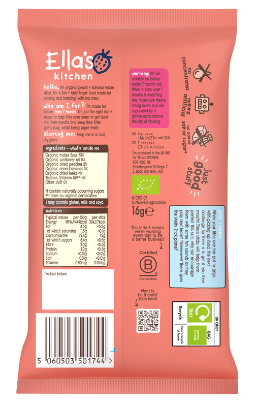 Ella's Kitchen Organic Peach + Banana Melty Sticks